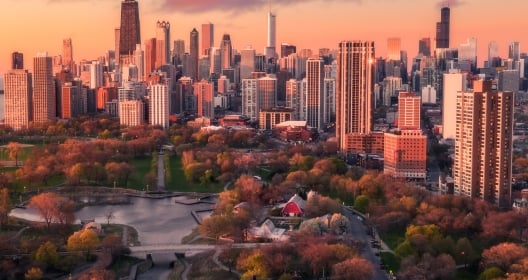 Aerial view of Lincoln Park Chicago and downtown skyscrapers in the Fall