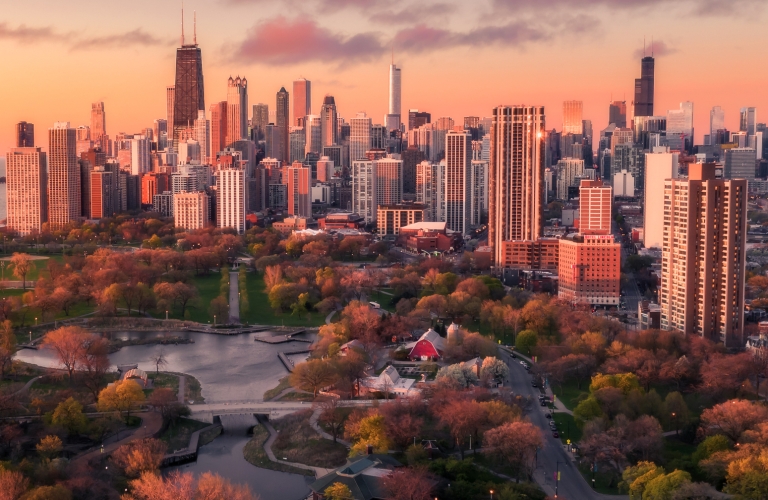 Aerial view of Lincoln Park Chicago and downtown skyscrapers in the Fall